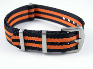 Dense Twill Premium NATO watch strap for ALL 20mm watches 3 black 2 orange stripes