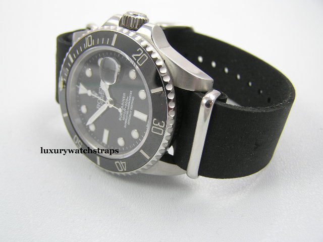 Handmade black leather Nato watch strap for Rolex Submariner GMT Yachtmaster watches